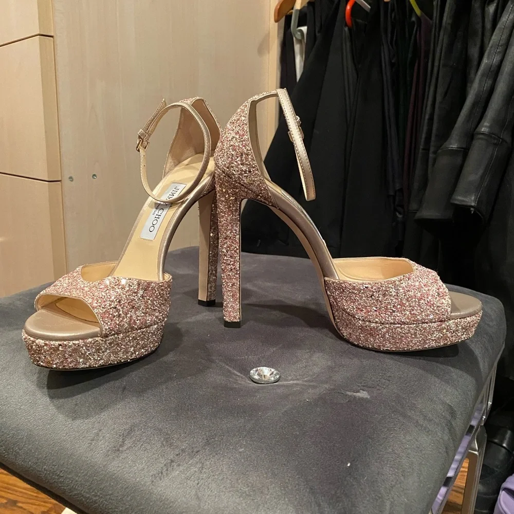 Jimmy Choo Rose Gold Glitter Platform Sandals